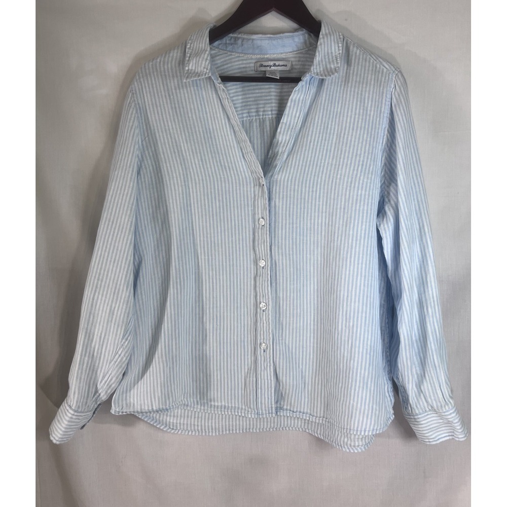 Tommy Bahama Shirt Long Sleeve Blue White Striped Button Up Linen Women's Large